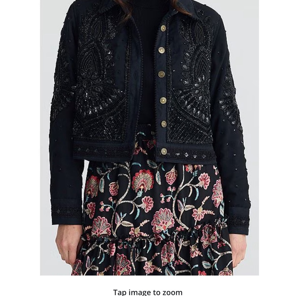 Torero Beaded Embellished Design Point Collar Button Front Denim Jacket